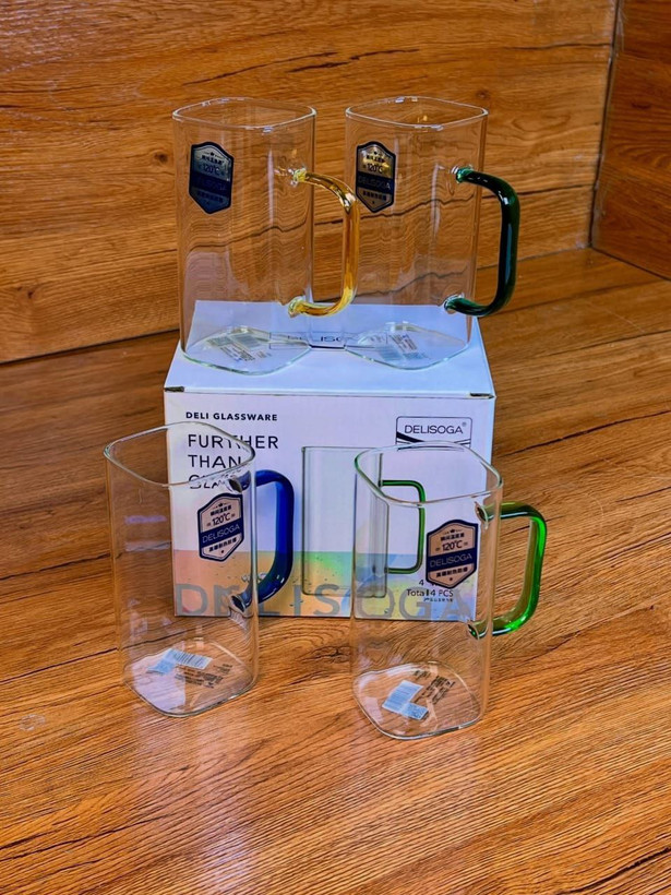 استکان مربعی دسته رنگ 300 سی سی برند DELI GLASS