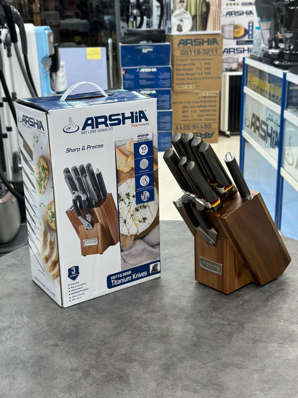سرویس چاقو 10 تکه تیغه تیتانیوم پایه چوبی عرشیا Arshia مدل KS112-3269