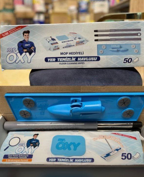 ست تی دسته دار و دستمال مرطوب مخصوص تی برند مستر اوکسی Mr. Oxy