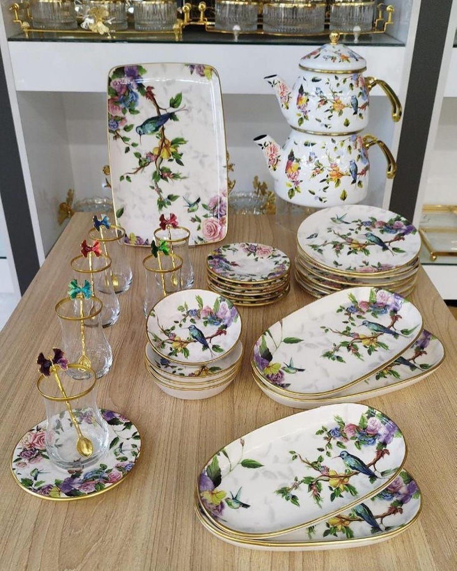 میوه خوری پایه دار آبی و گنجشک برند GÖNÜL دو طرح SPRING / FLORES