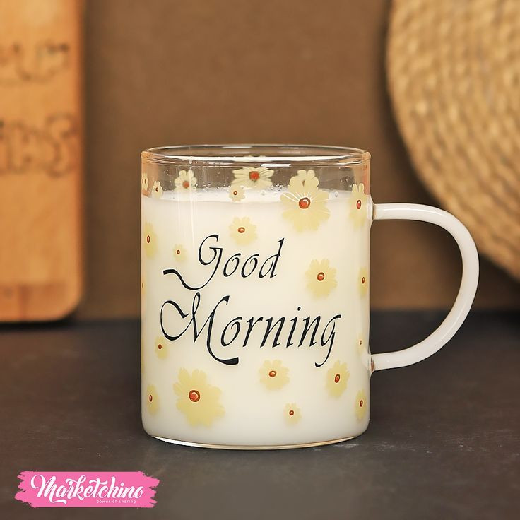 ماگ پیرکس شکوفه دسته رنگی در دو طرح GOOD MORNING & GOOD AFTERNOON