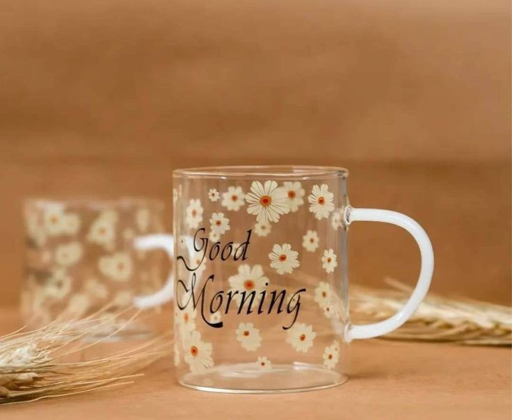 ماگ پیرکس شکوفه دسته رنگی در دو طرح GOOD MORNING & GOOD AFTERNOON