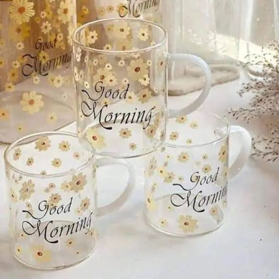 ماگ پیرکس شکوفه دسته رنگی در دو طرح GOOD MORNING & GOOD AFTERNOON