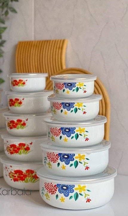 ظرف نگهدارنده لعابی پنج تایی گلدار