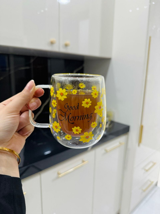 ماگ شیشه ای دو جداره گل بابونه